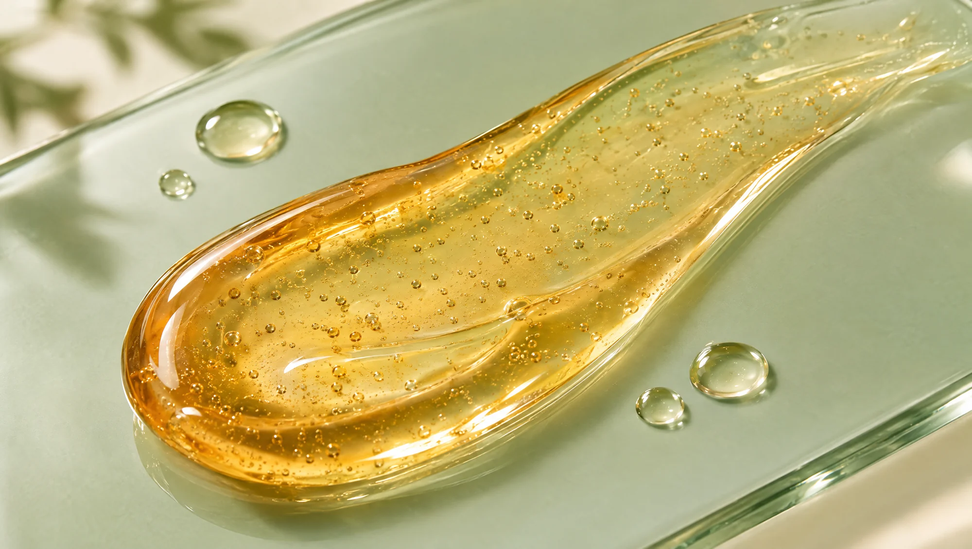 Golden vitamin C serum gel swatch on sage glass